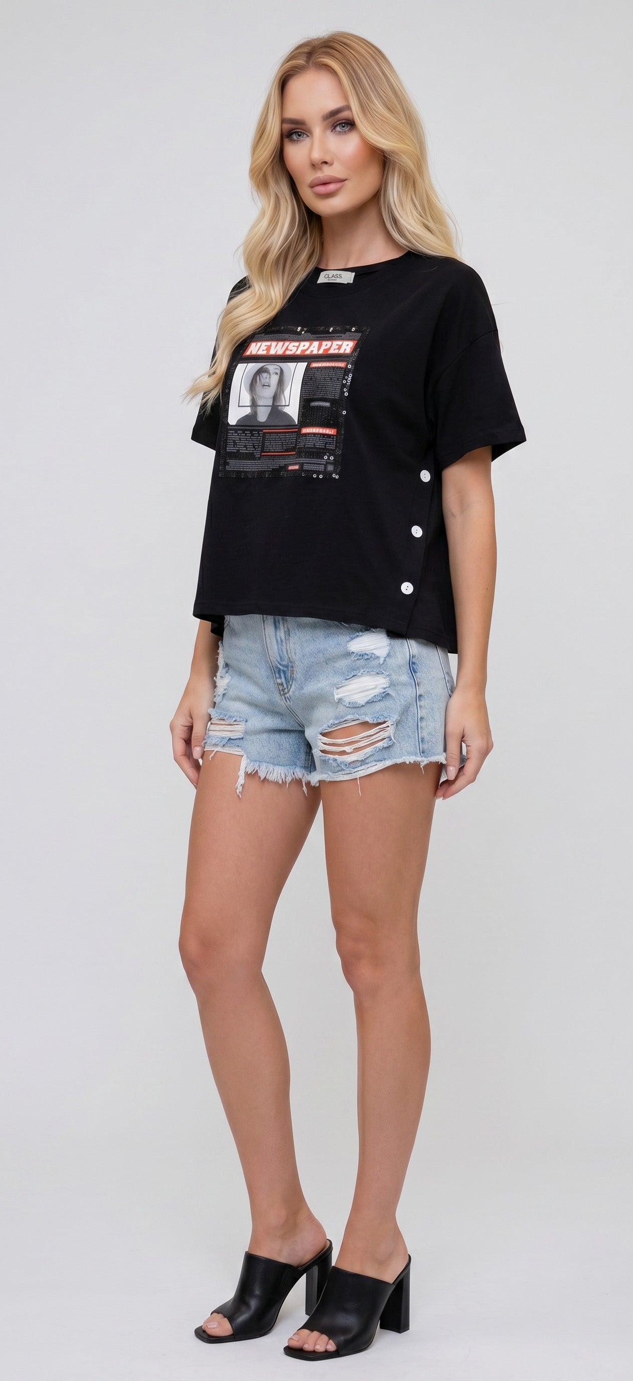 Newspaper Print Side Button Top / חולצת הדפס עיתון כפתורי צד