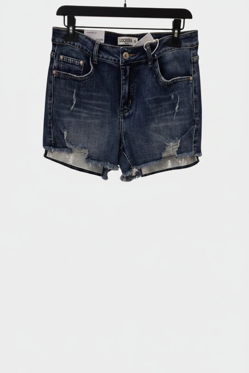 שורט כיס יהלום E017| Rhinestone Hem Denim Shorts