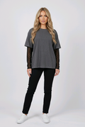9872 חולצת רומי Casual Mesh Sleeve Top