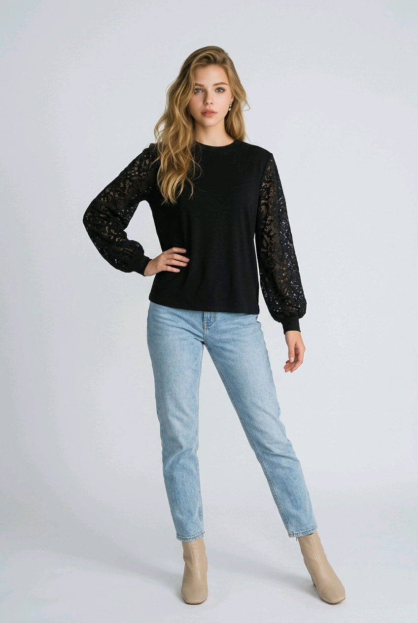 חולצת שילוב שרוולי תחרה 9859 Lace Sleeve Combination Top