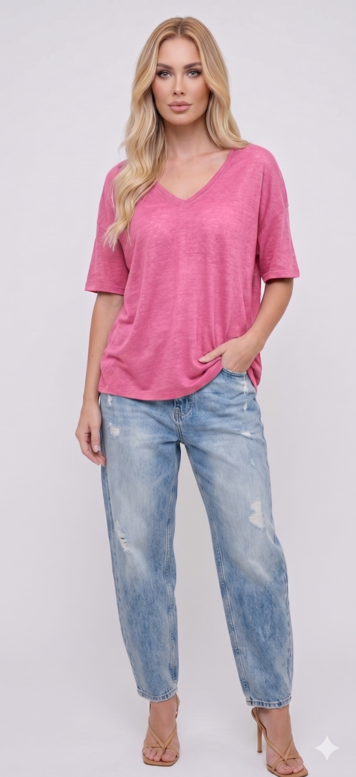 חולצת דנה 7794 Basic Pink V-Neck Top / טי שירט V בייסיק ורודה