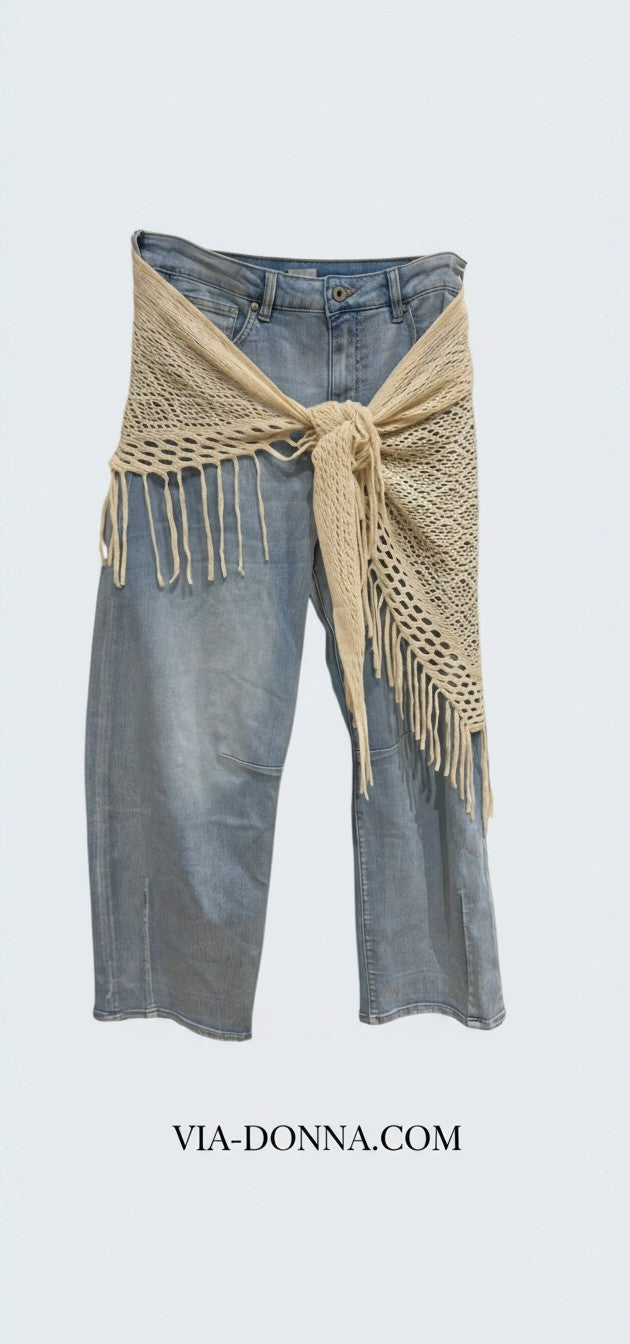 Wide Leg Jeans with Crochet Bandana / ג'ינס בגי שילוב בנדנה קרושה