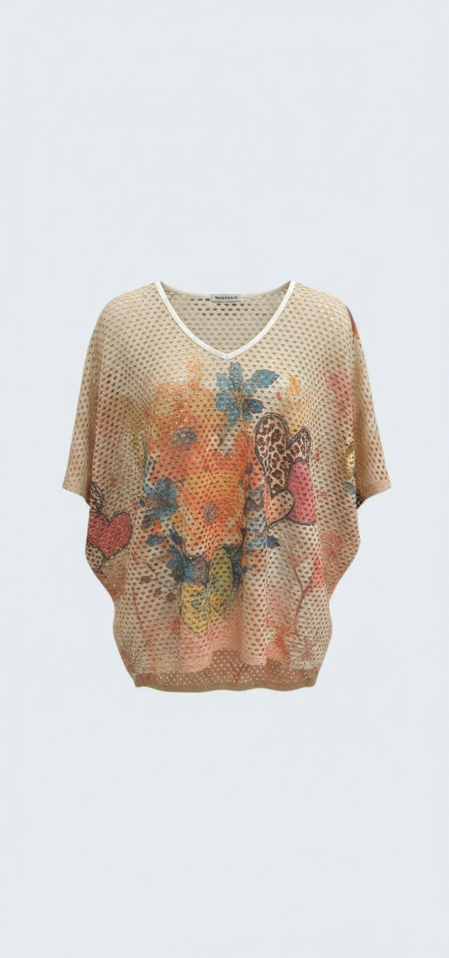 טוניקת V רשת פרחונית / Floral V-Neck Mesh Tunic