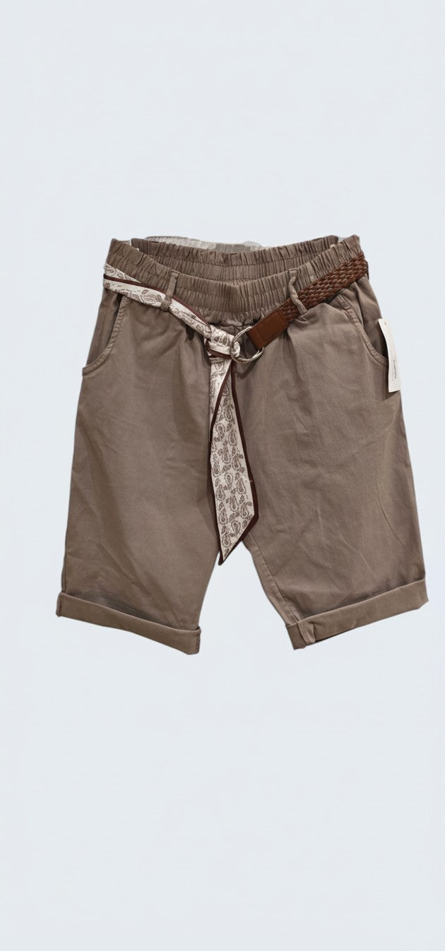 Satin Trim Elastic Bermuda Shorts / ברמודה גומי חום שילוב סאטן