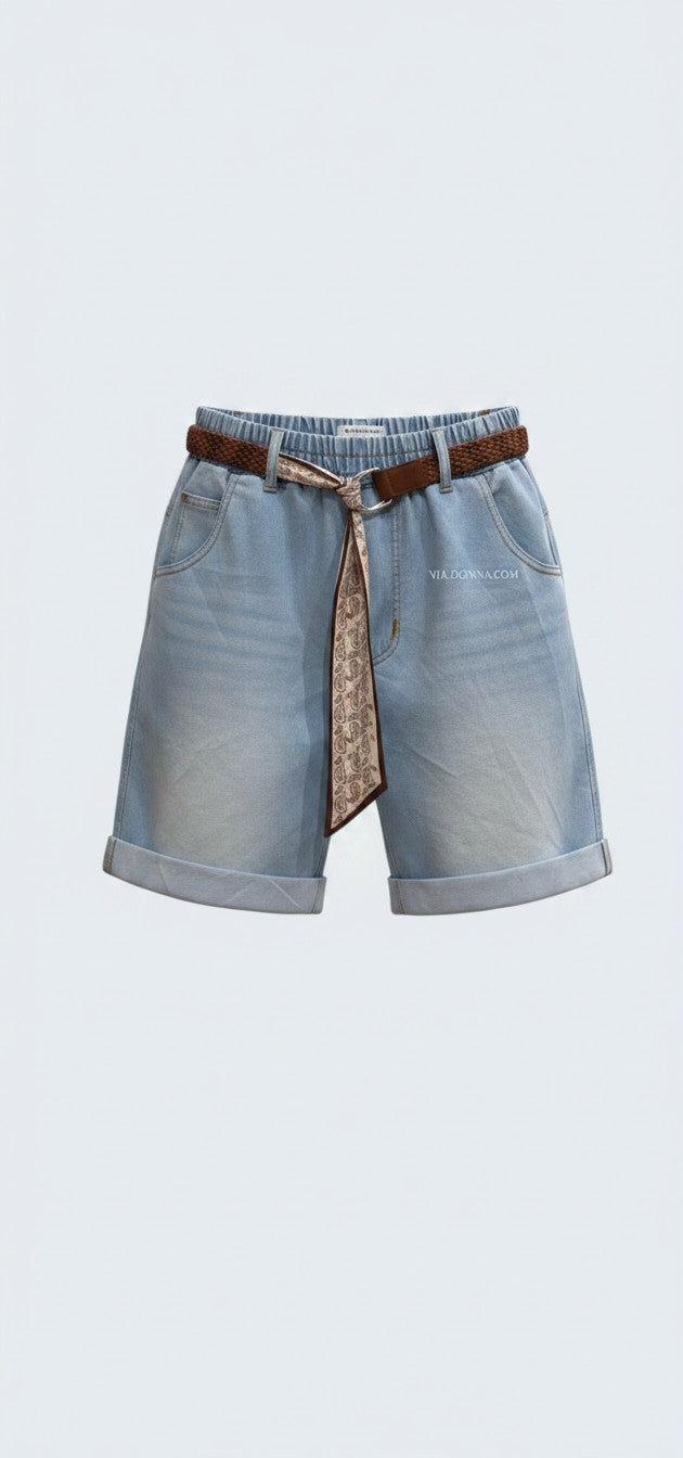Denim Bermuda Shorts with Belt Detail / ברמודה ג'ינס שילוב חגורות