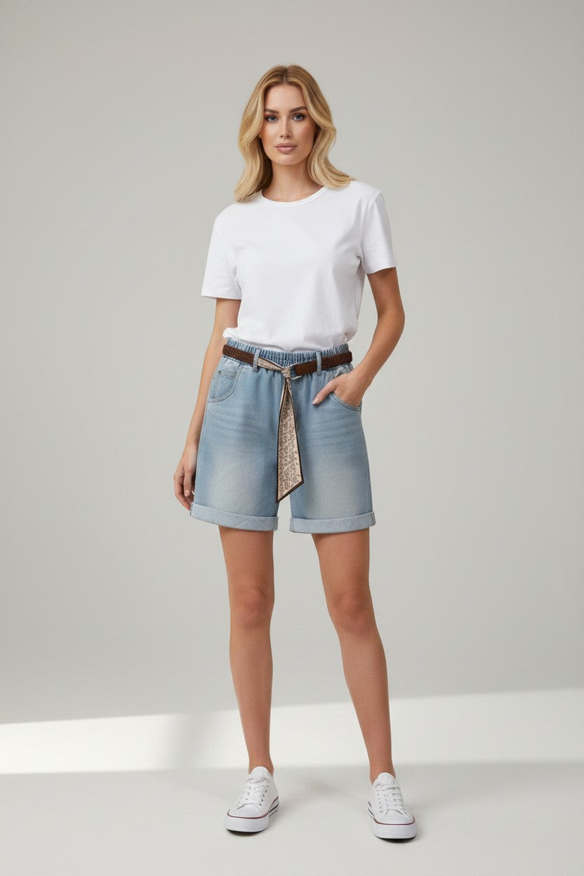 Denim Bermuda Shorts with Belt Detail / ברמודה ג'ינס שילוב חגורות
