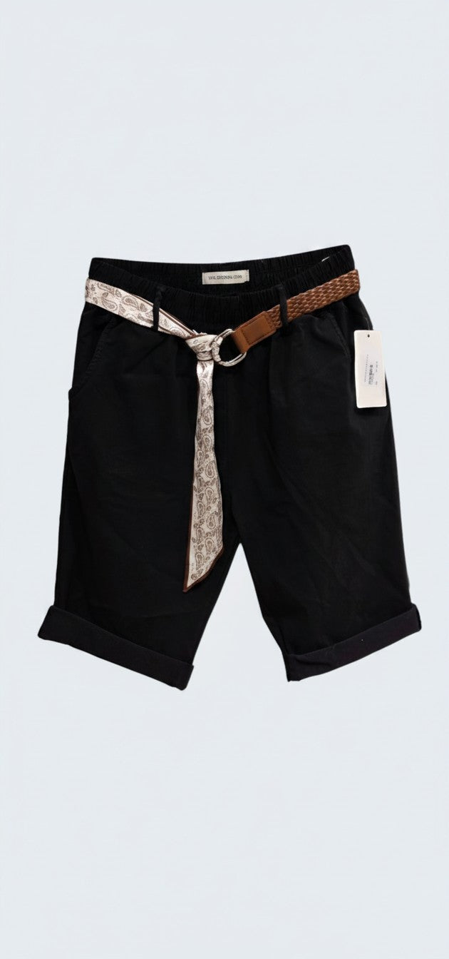 Satin Trim Elastic Bermuda Shorts / ברמודה גומי חום שילוב סאטן