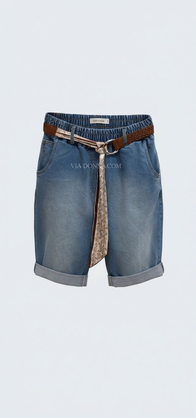 Denim Bermuda Shorts with Belt Detail / ברמודה ג'ינס שילוב חגורות