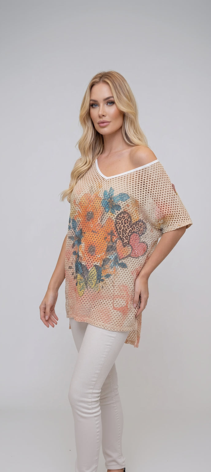 טוניקת V רשת פרחונית / Floral V-Neck Mesh Tunic