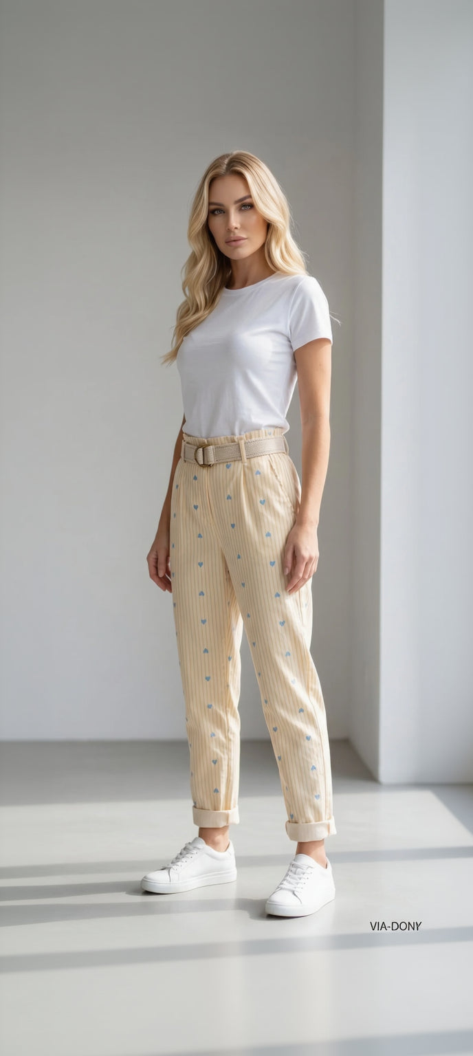 Striped Heart Belted Pants / מכנס פסים לבבות עם חגורה