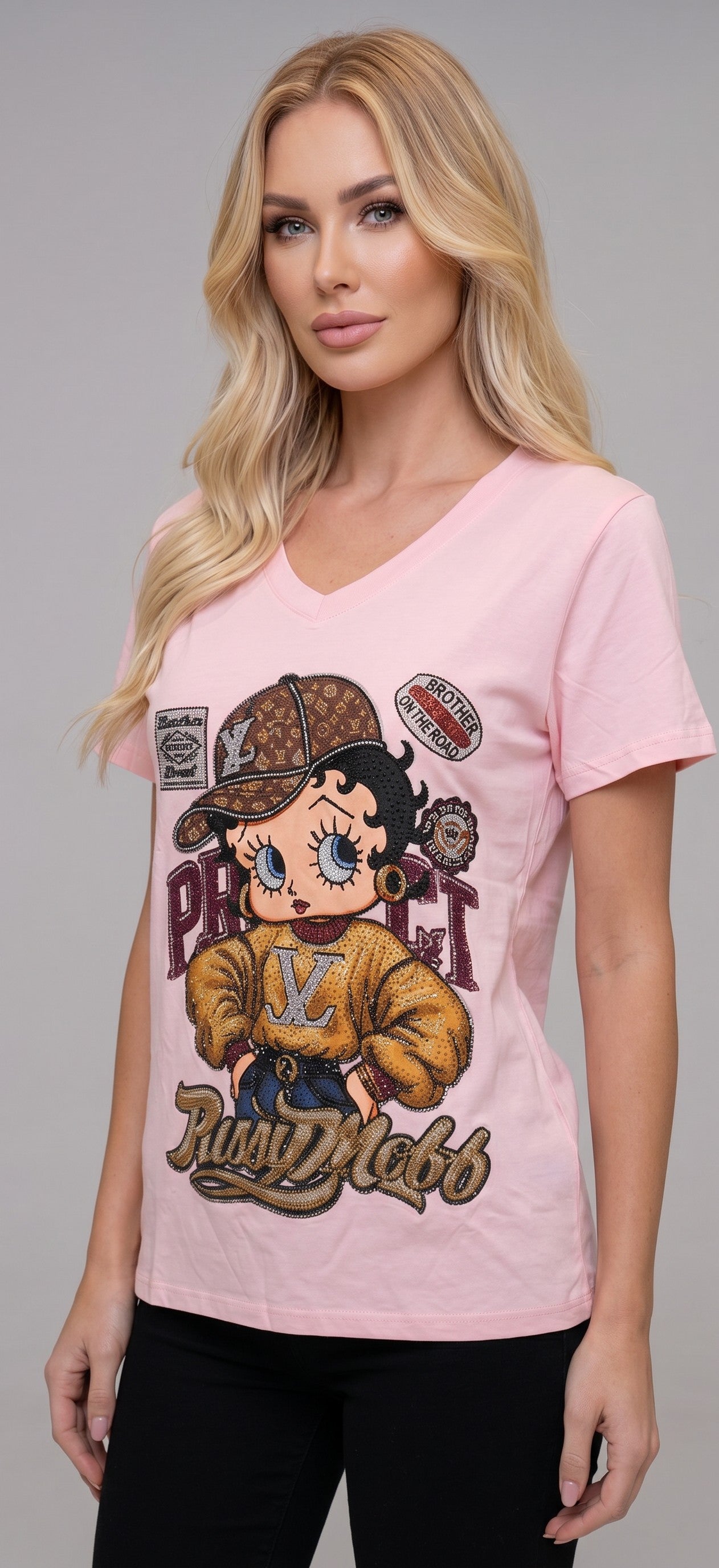 חולצת כותנה עם הדפס ואבנים /  Cotton V-Neck Printed Rhinestone Top