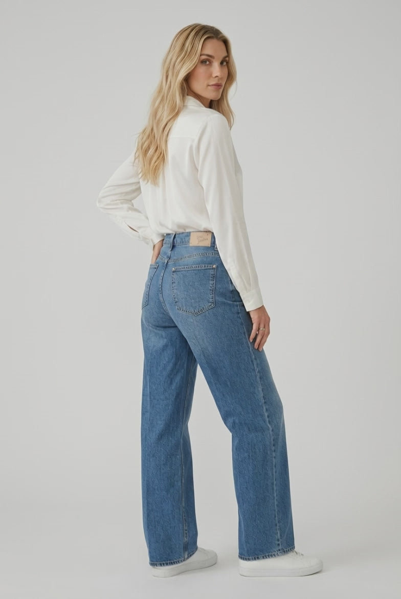 ג'ינס רחב בהיר עם חגורה 19960101 | Light Wide Leg Jeans with Belt